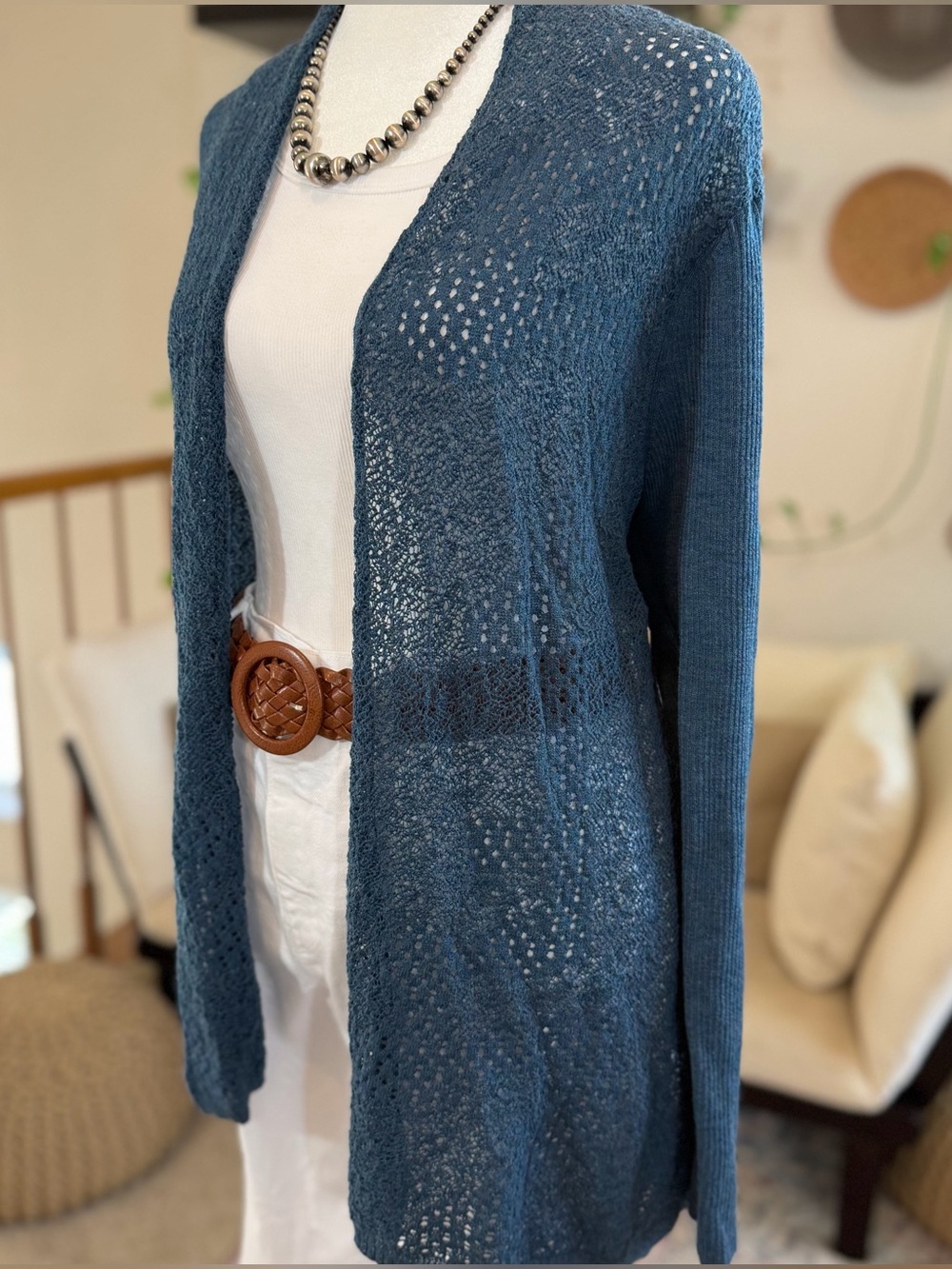 EILEEN FISHER 100% Wool Cardigan Women's Blue Open-Knit Sweater Top Coastal L
